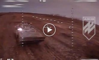 An FPV drone attacks five occupiers on the armor of an enemy infantry fighting vehicle.