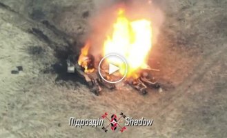 Aero reconnaissance units of the Shadow unit finish off three damaged enemy tanks on the battlefield near Tonenkoye, Donetsk region