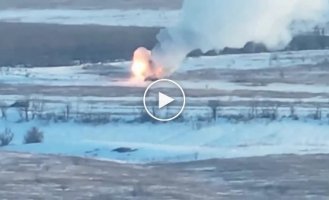 Detonation of enemy TOS-1A Solntepek ammunition after a Ukrainian drone strike near Avdeevka
