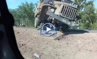 A military truck of the Russian occupiers destroyed another civilian vehicle near Donetsk