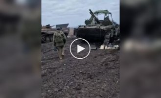 Russian military show their damaged and destroyed equipment during attacks near the village of Terny in the Donetsk region