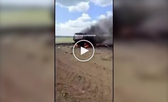 The newest Russian air defense missile system Pantsir-S1 burns out in a field in the Lugansk region