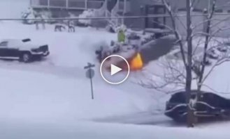 Man uses flamethrower to shovel snow