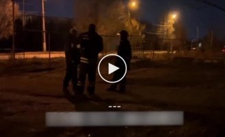 An oil depot burned at night in occupied Lugansk