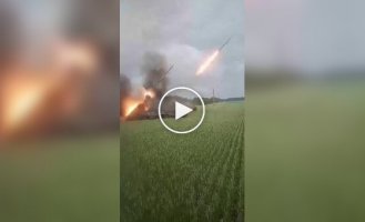 A rocket salvo of three 220-mm MLRS BM-27 Uragan Ukrainian Armed Forces on the positions of the Russian occupiers