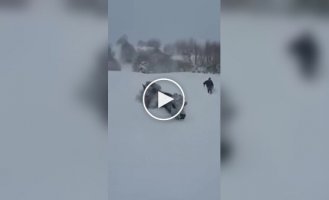 Cows and sheep make their way through deep snowdrifts in Turkey