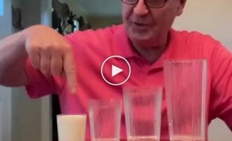 A spectacular trick with milk and glasses