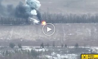 An enemy tank burns out near a coppice after an attack by the Wild Hornets drone