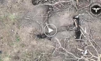 An occupier in a trench holds a log in his hands and crosses himself before the well-aimed arrival of a kamikaze drone..