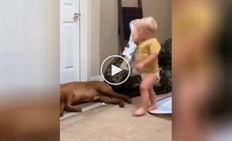Caring for your neighbor: a boy covered a dozing dog