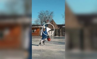 Guys played basketball on ice