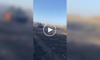 Burning Russian T-90M Proryv tank after being hit by an FPV drone in the Eastern direction