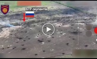 A tank crew of the 115th Mechanized Infantry Brigade destroys a Russian armored personnel carrier with direct fire in the Donetsk region