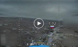 Ukrainian kamikaze drone destroys Russian T-72 near Novoprokopovka, February 2024