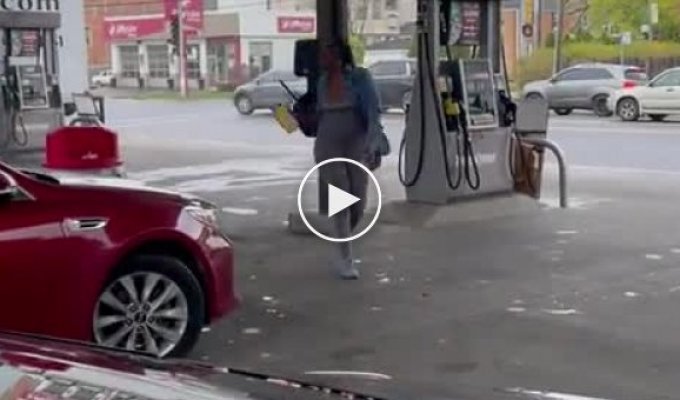 Showdown of ladies at an American gas station