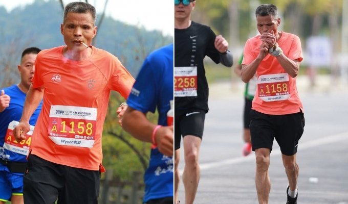 Китаец пробежал марафон за три с половиной часа с сигаретой в зубах (4 фото)