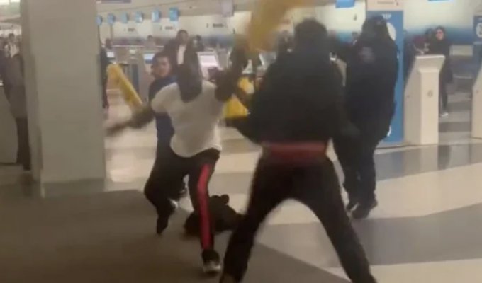 Men beat each other with signs saying "be careful, wet floor" (2 photos + 1 video)