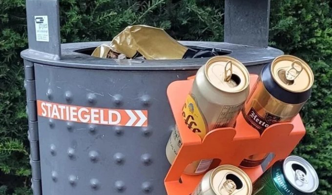 Don't throw away the jar! - why do many cities around the world make special stands for cans and bottles on trash bins (5 photos)