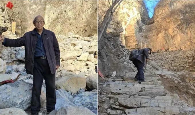В Китае 80-летний пенсионер 11 лет строил лестницу к священной горе (5 фото)