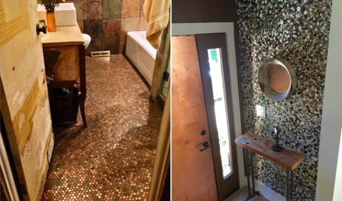 Мужчина выложил пол в ванной комнате из денег (3 фото)
