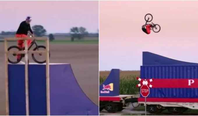 As if standing still: the world slopestyle champion rode a bicycle along a moving train (3 photos + 1 video)