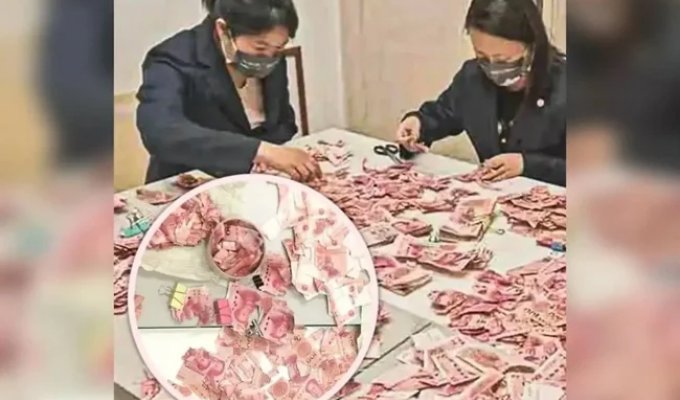 В Китае сотрудники банка 22 дня склеивали банкноты, изрезанные женщиной в депрессии (2 фото)