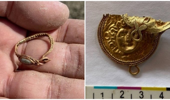 Near Kerch, archaeologists found gold jewelry with the Gorgon Medusa and a lion (4 photos)