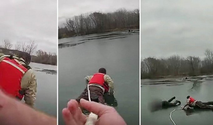 A selfless man saved two fishermen and a dog (6 photos + 1 video)