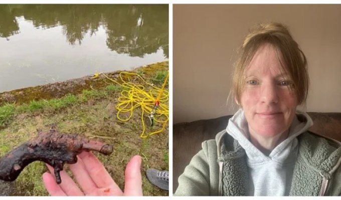 A woman took up magnetic fishing and pulled an antique pistol out of a river (4 photos + 1 video)