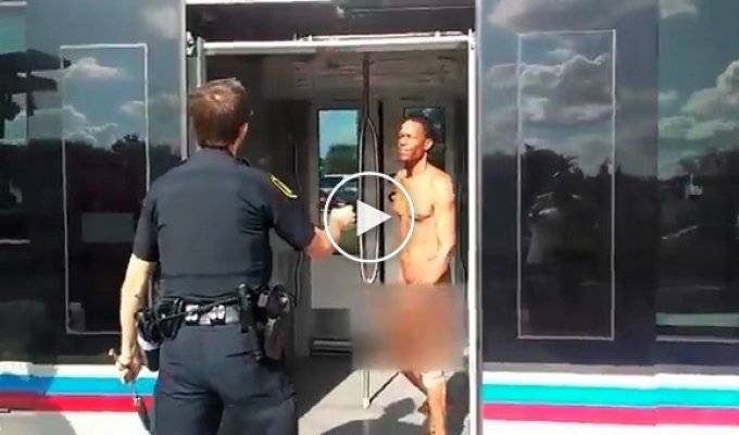 Голый неадекватный темнокожий мужчина распылял по вагону неизвестную жидкость, а после ударил полицейского по лицу