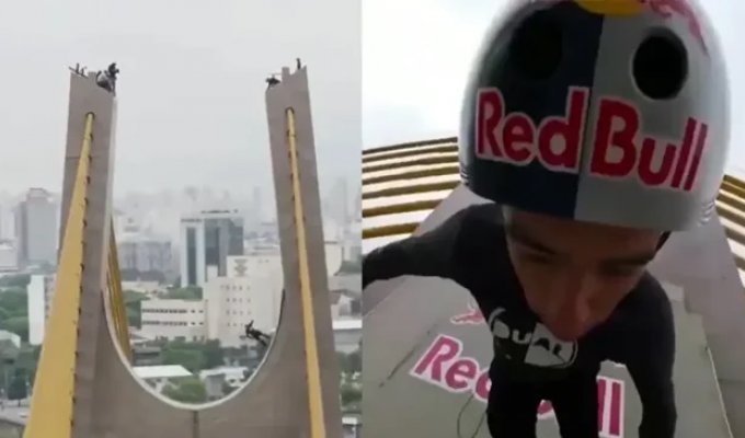 A skater used a high bridge in Brazil as a ramp (3 photos + 1 video)