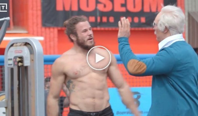 A CrossFit athlete made up to look like a grandfather is making fun of young people