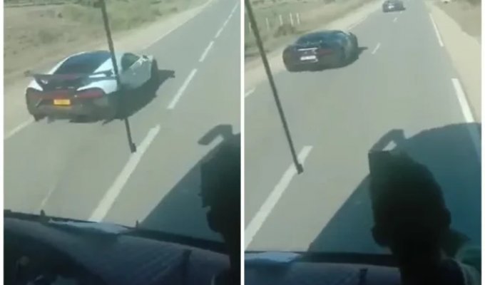 A very expensive accident involving two Bugatti Chiron hypercars and a truck (3 photos + 1 video)