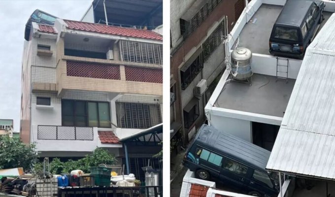 Тайванец припарковался на крыше дома, чтобы избежать штрафов за парковку (3 фото)