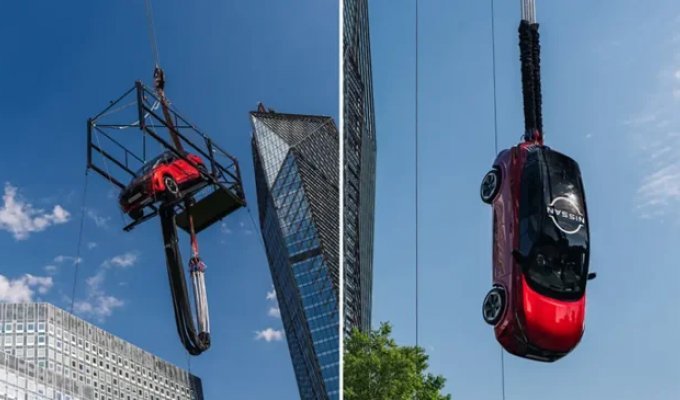 A Nissan with a driver was thrown off a bungee and set a Guinness record (1 photo + 1 video)