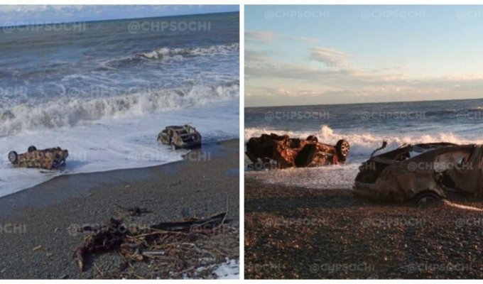 В Сочи шторм выбросил на берег два покорёженных автомобиля (3 фото + 1 видео)