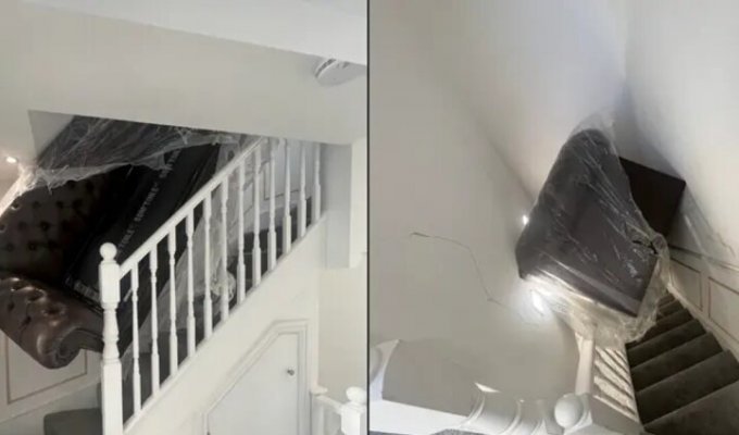 Неудачный переезд: грузчики намертво заперли лестницу диваном (5 фото)