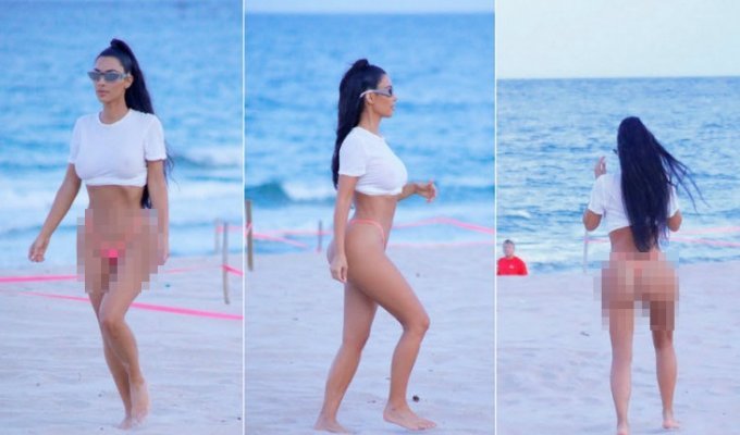 Ким Кардашян в стрингах на пляже (24 фото)