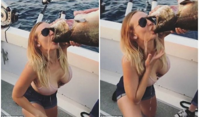 "Это было отвратительно": девушка выпила пиво из мертвого лосося (4 фото + 1 видео)