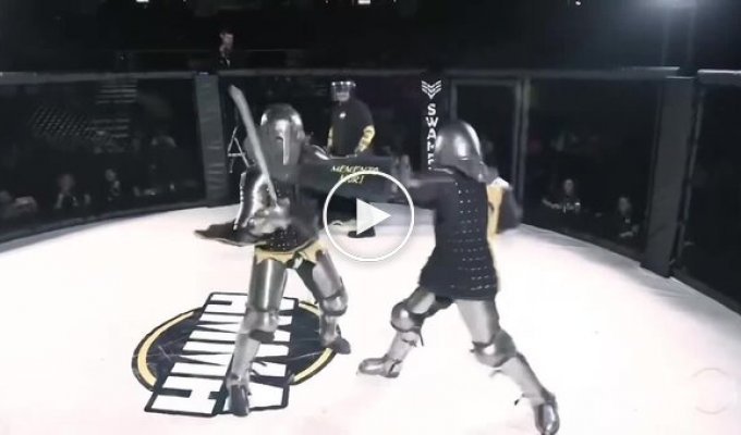 Armored fighters fight in an MMA cage