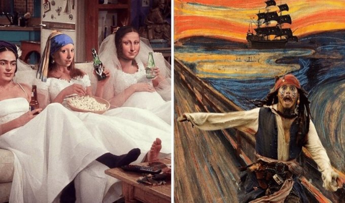 The artist wittily combines famous paintings with modern pop culture (19 photos)