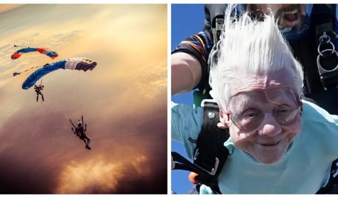 Sky, parachute, grandmother. A granny who jumped with a parachute at the age of 104 died a week after the jump (2 photos + 1 video)