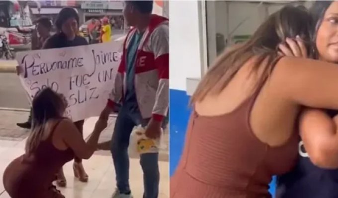 A woman went to the train station with a poster to beg her beloved for forgiveness (2 photos + 1 video)