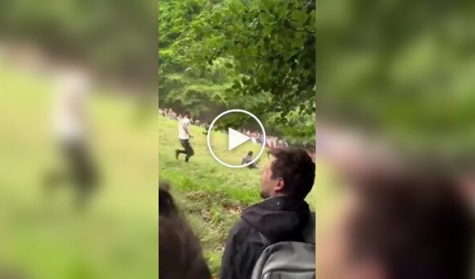 A spectacular flight of a participant in a cheese race