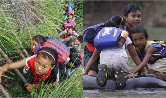 Children overcoming the difficult journey to school (9 photos)