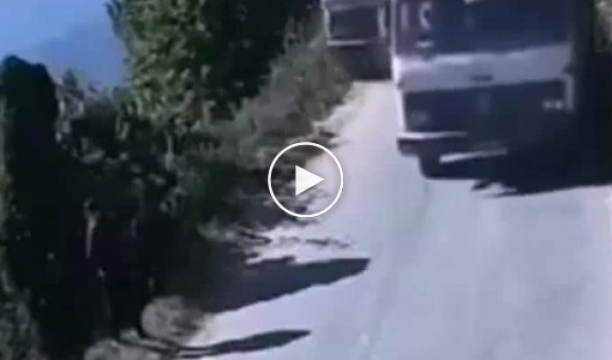 A truck that rolled off a cliff miraculously avoided hitting a pedestrian who was relieving himself.
