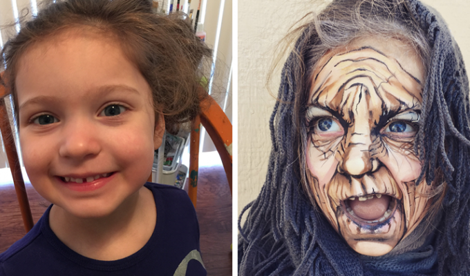 Превращение 3-летней девочки в старую ведьму при помощи макияжа (6 фото)