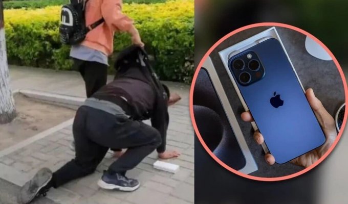 В Китае  отец встал на колени перед дочерью, за то,  что не может купить ей iPhone (3 фото + 1 видео)