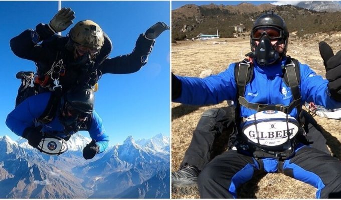 Former rugby player jumped with a parachute - and took the ball with him (4 photos + 1 video)