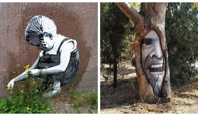 They came together - grass and stone: bizarre but touching results of the union of street art and nature (20 photos)